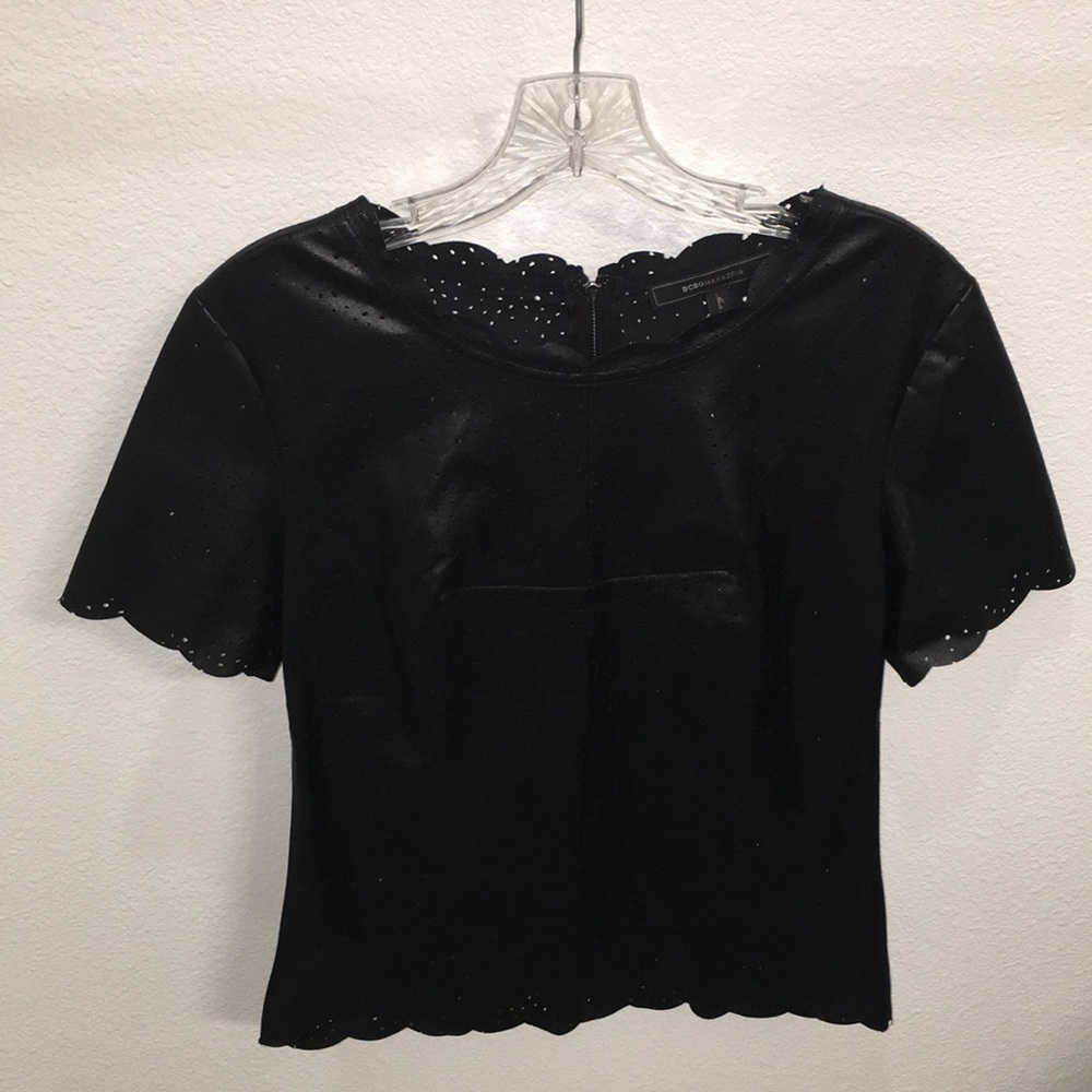 BCBG Maxazria faux leather top size small